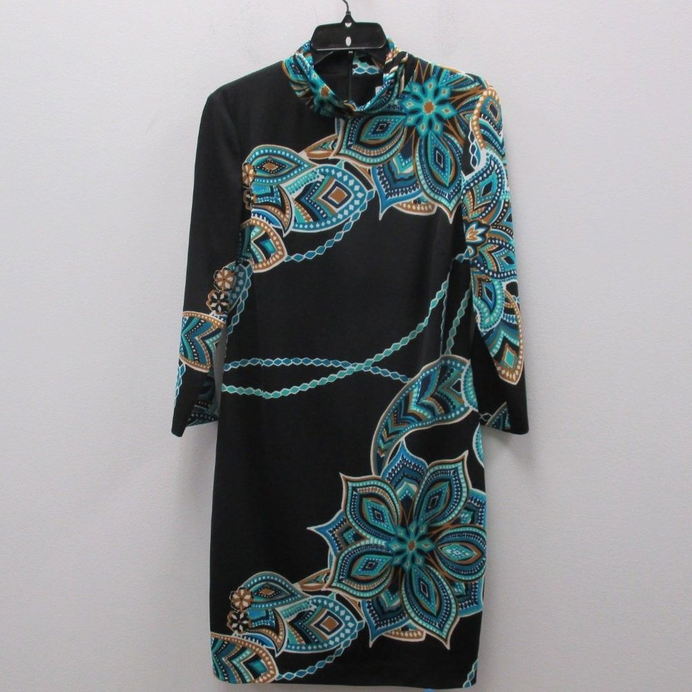 CACH'E Women's Black/Aqua/Navy/White/Gold Metallic Color Dress